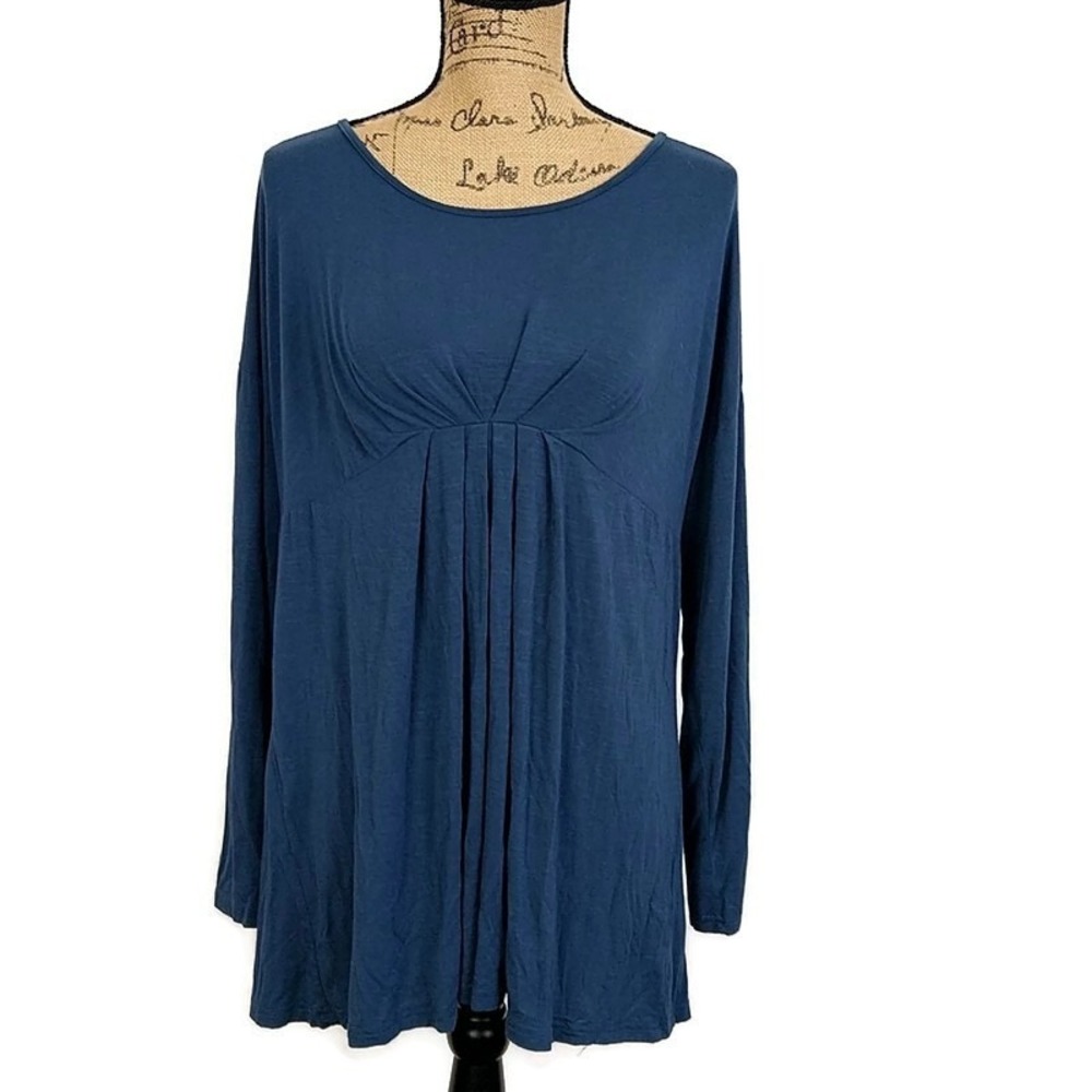 Suzanne Betro Blue Empire Waist Tunic Top Flowy Drapey Boho Long Sleeve sz‎ L